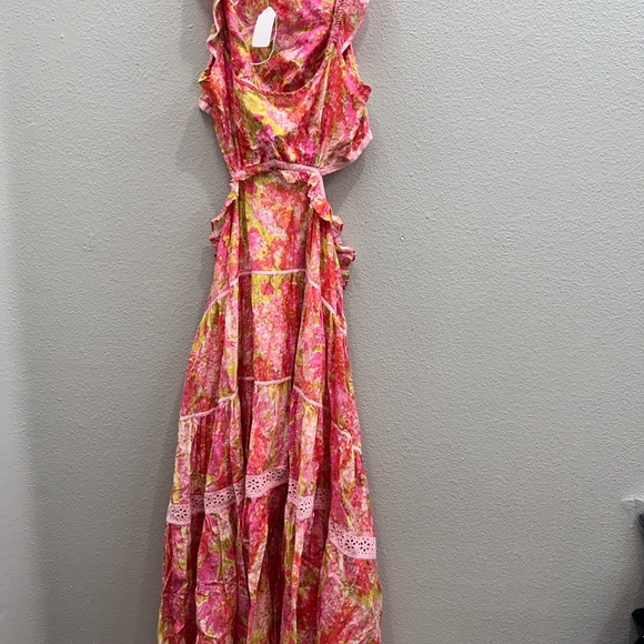 LoveShackFancy Dress Womens Size XL Pink Madsen Maxi Watercolor Print Cut-Out - Picture 2 of 12